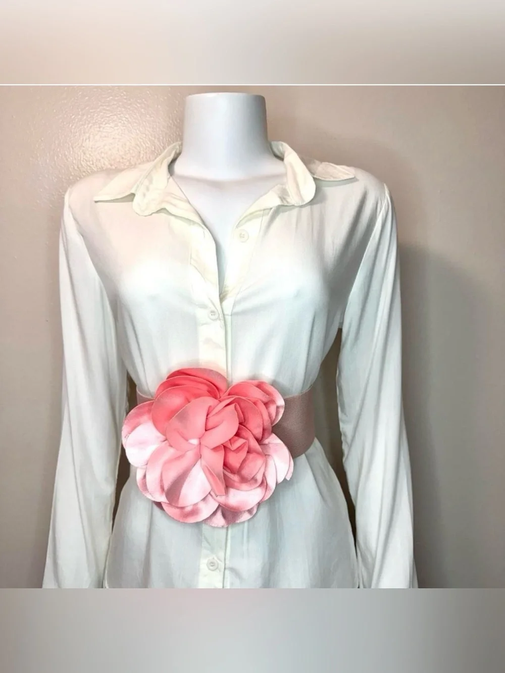 Light pink statement satin flower wide elastic waistband belt